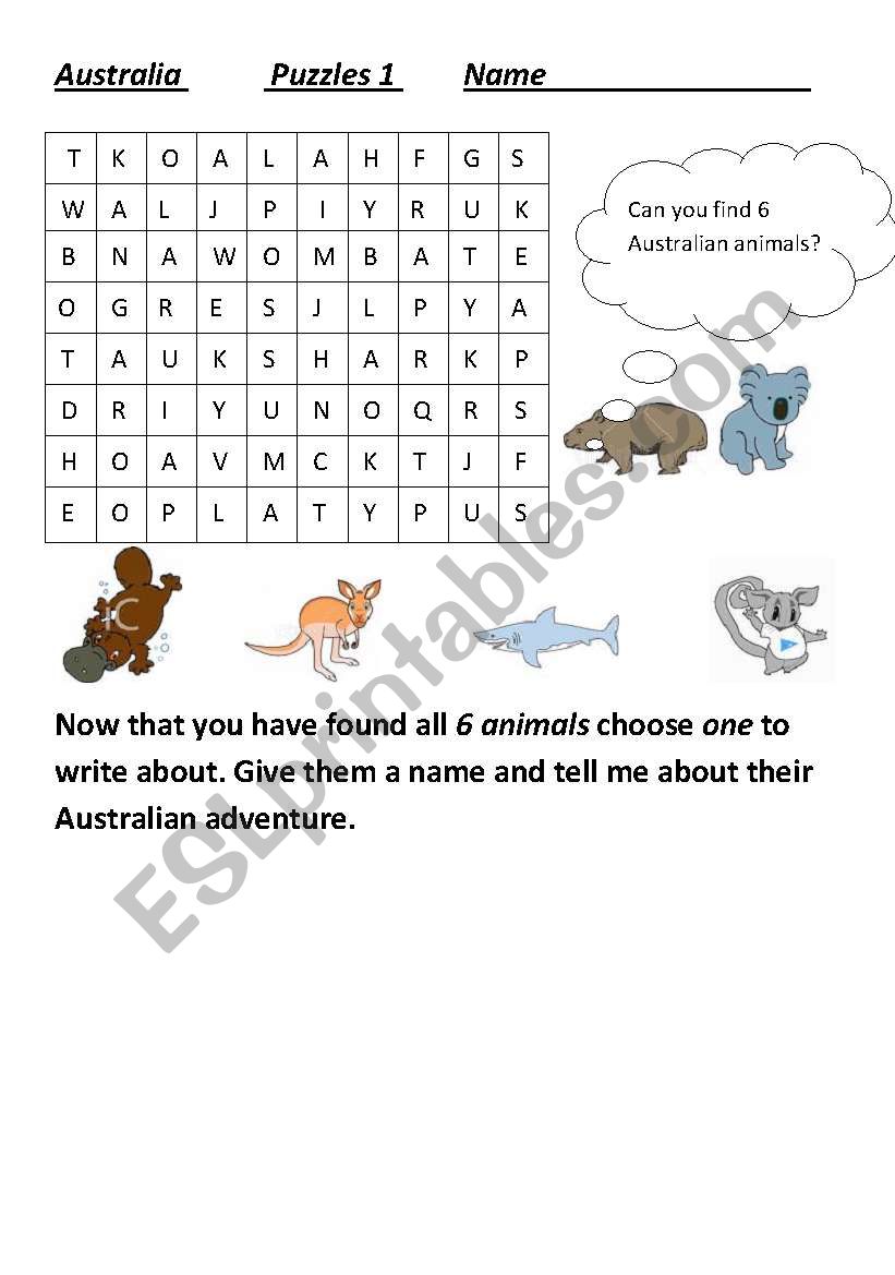 Australian Animals wordsearch worksheet