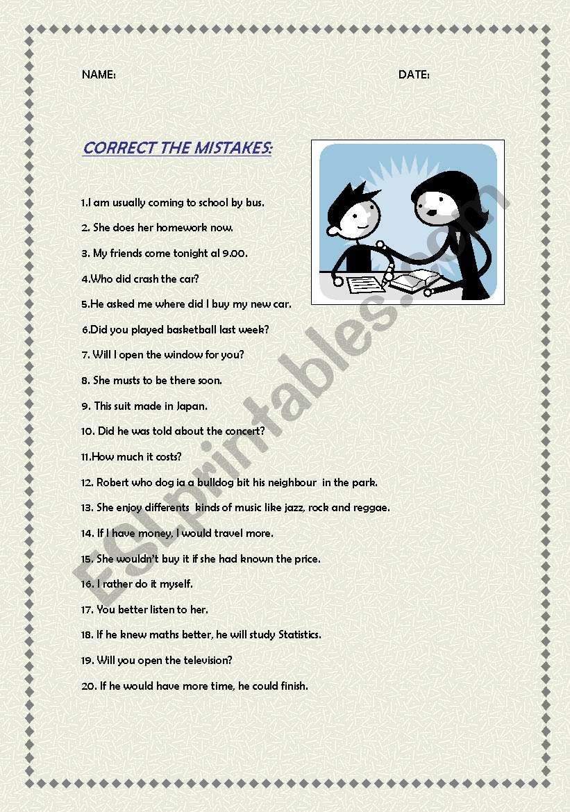 Correct the mistakes worksheet