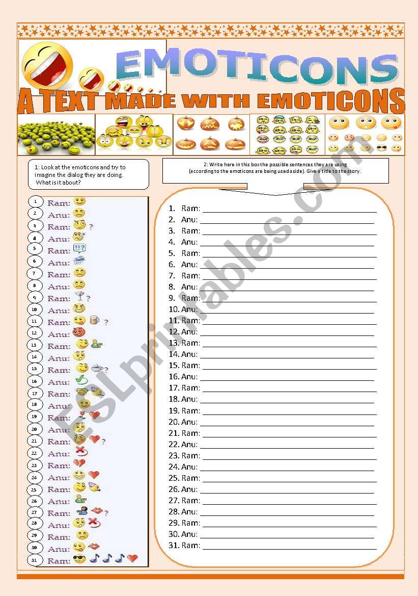 EMOTICONS - A TEXT MADE WITH FUNNY EMOTICONS (9 Pages)  full of fun + 9 Writing activities and instructions