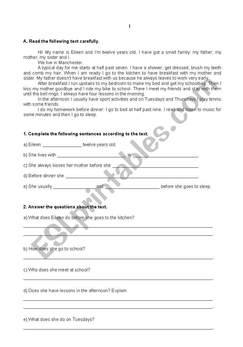 Daily routine worksheet