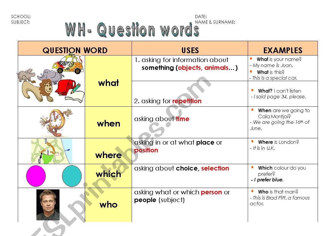 WH- QUESTION WORDS- part 1 worksheet