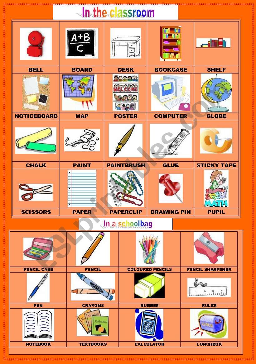 Classroom objects: in the classroom, in the schoolbag