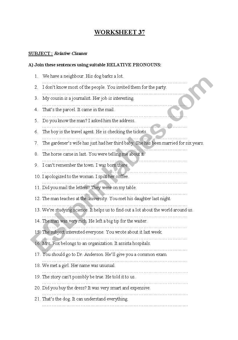 relative caluses worksheet