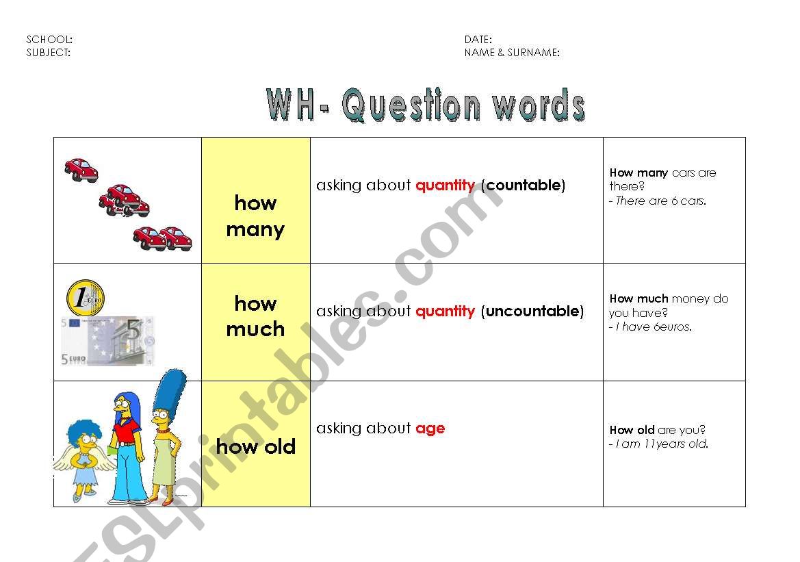 WH- QUESTION WORDS- 3rd part worksheet