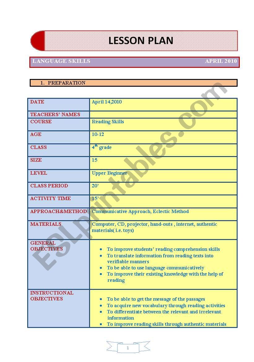 a sample lesson plan for teaching reading skill for upper-beginner learners