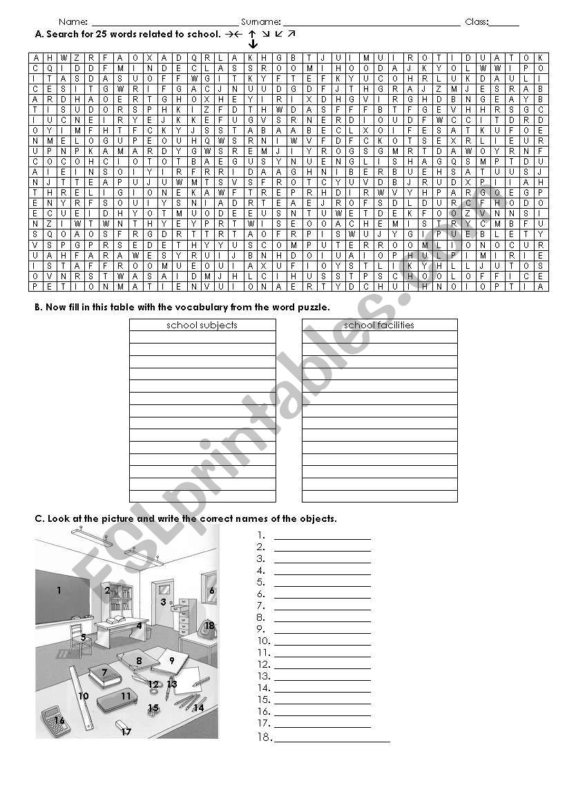 School wordsearch worksheet