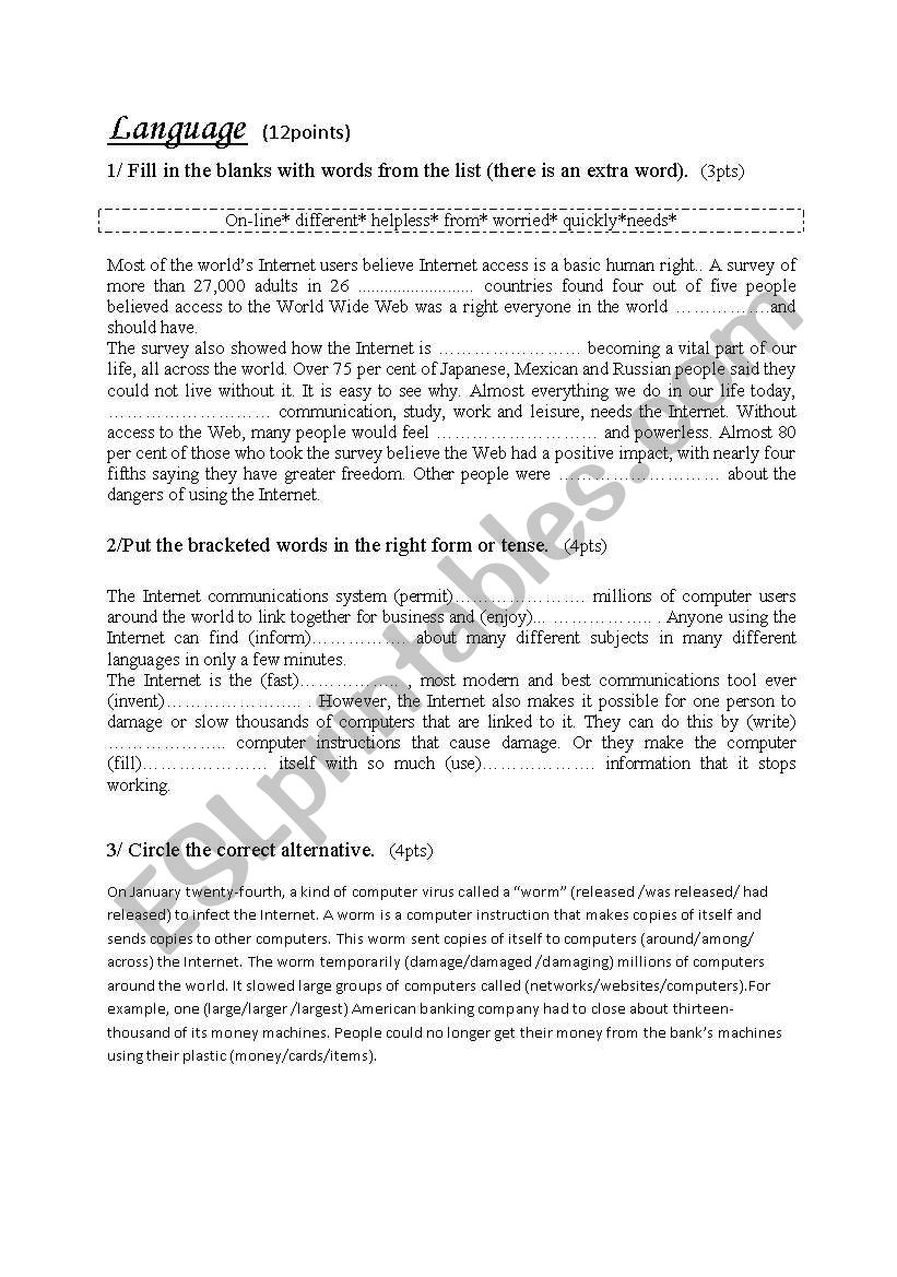 internet worksheet