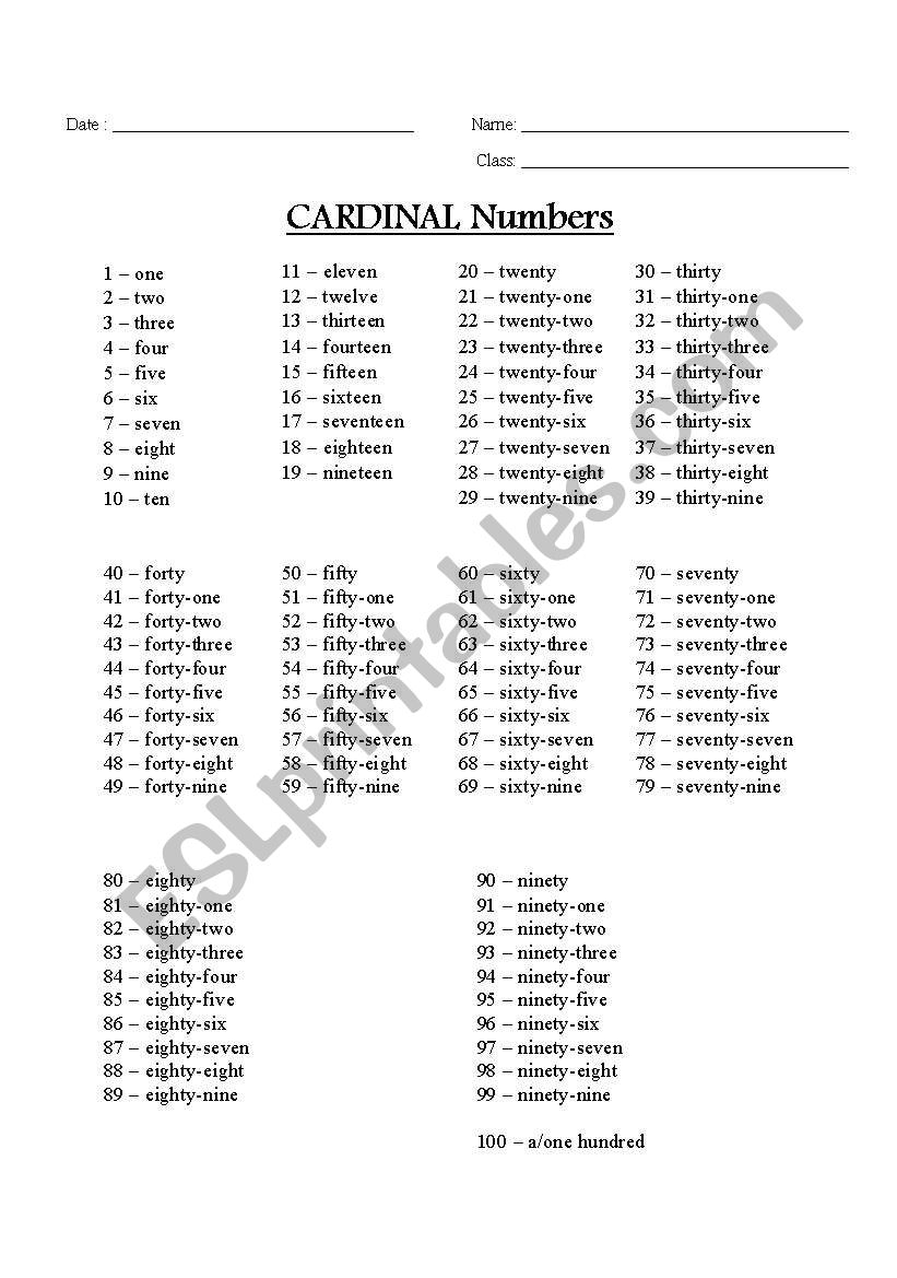 Cardinal and Ordinal Numbers worksheet