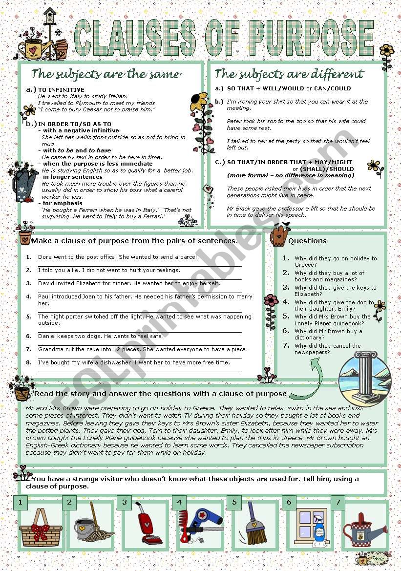 CLAUSES OF PURPOSE worksheet