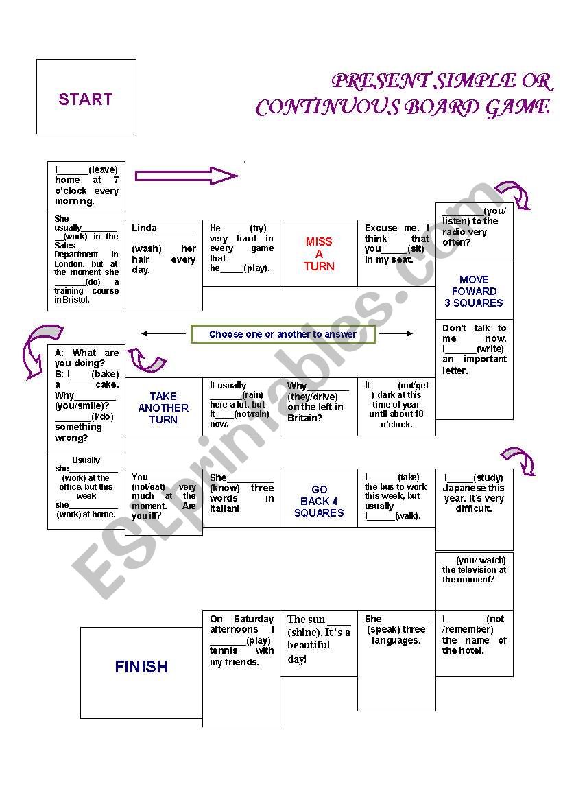 Present simple or continuous board game (white or colourful)