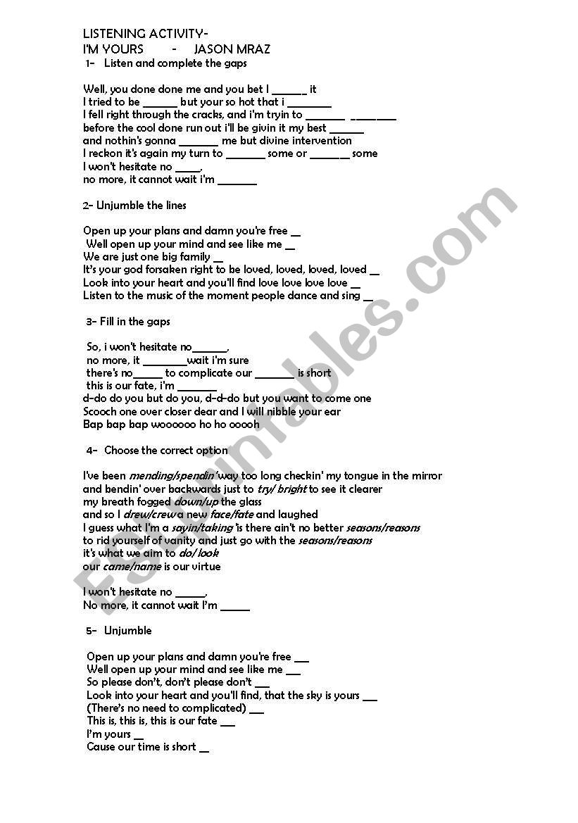 song Im yours by Jason Mraz worksheet