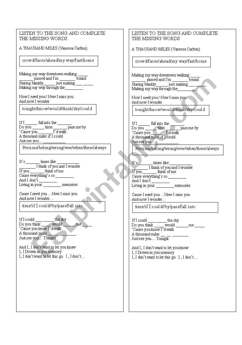 Song - A thound miles worksheet