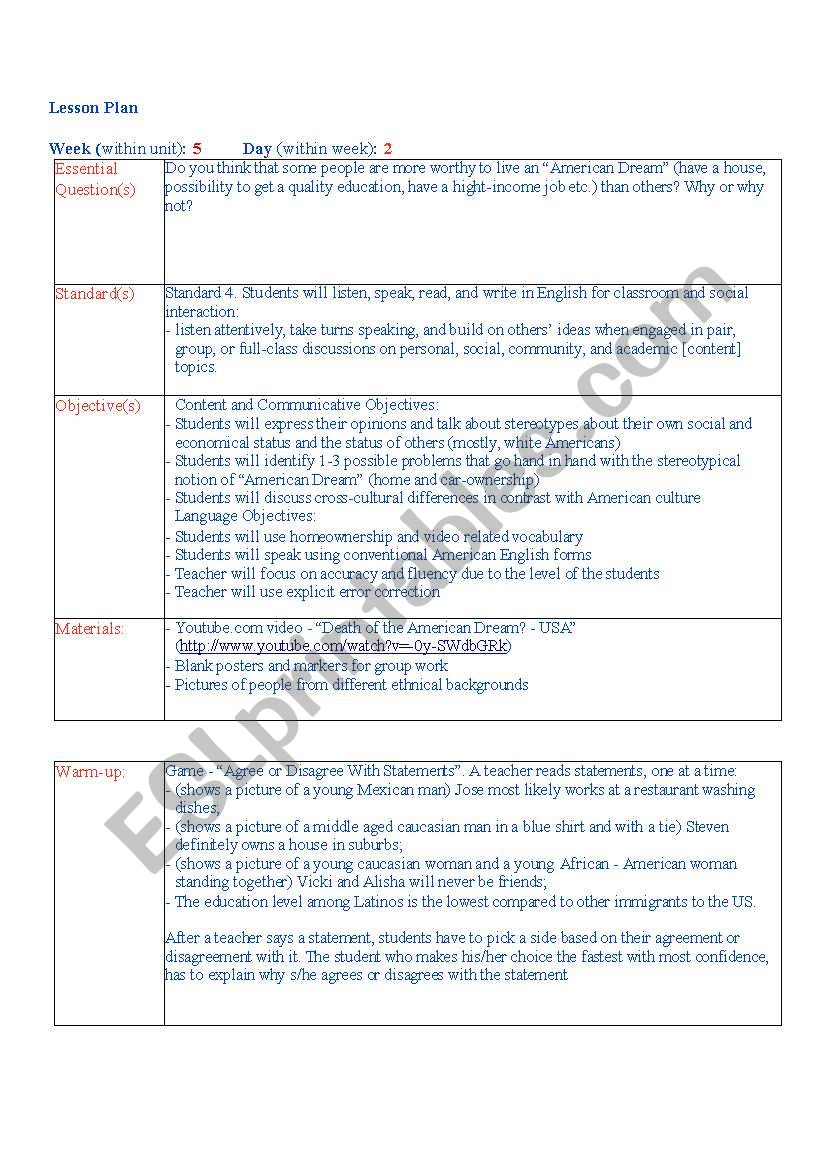 American Dream Lesson Plan + Unit Plan