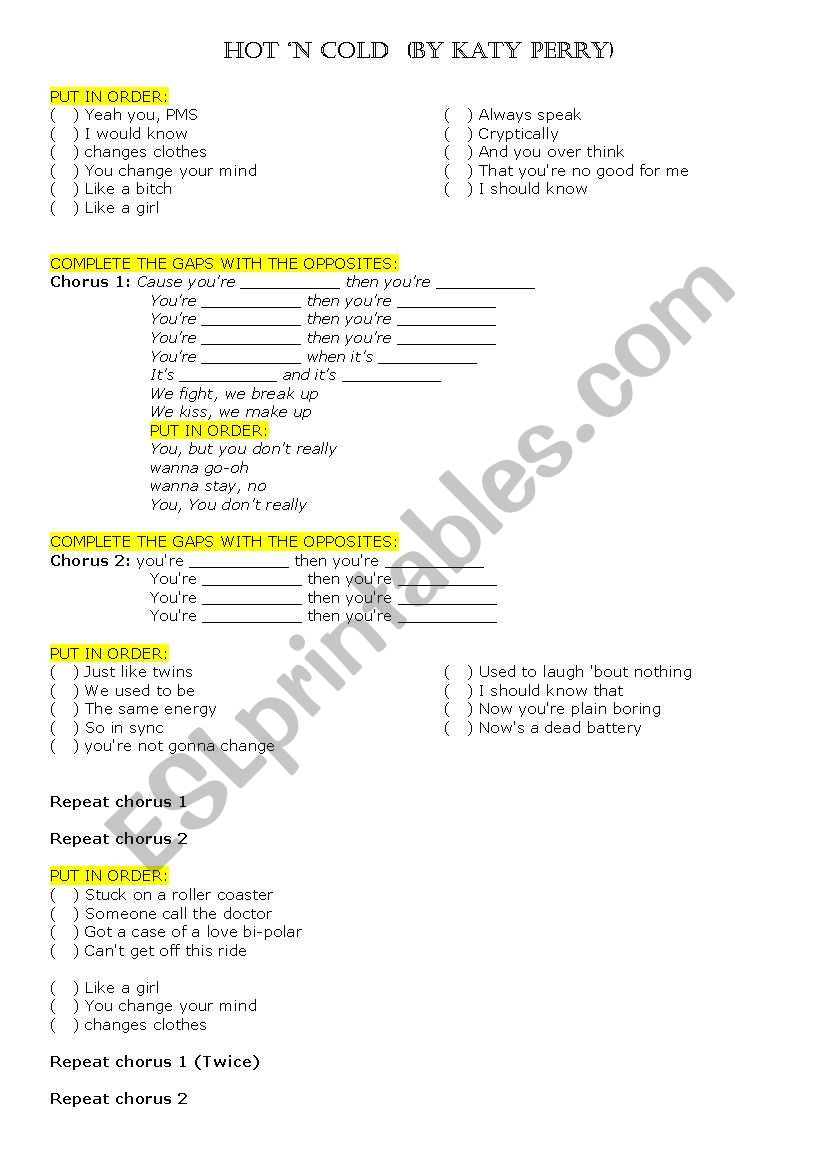 Hot n Cold Song worksheet