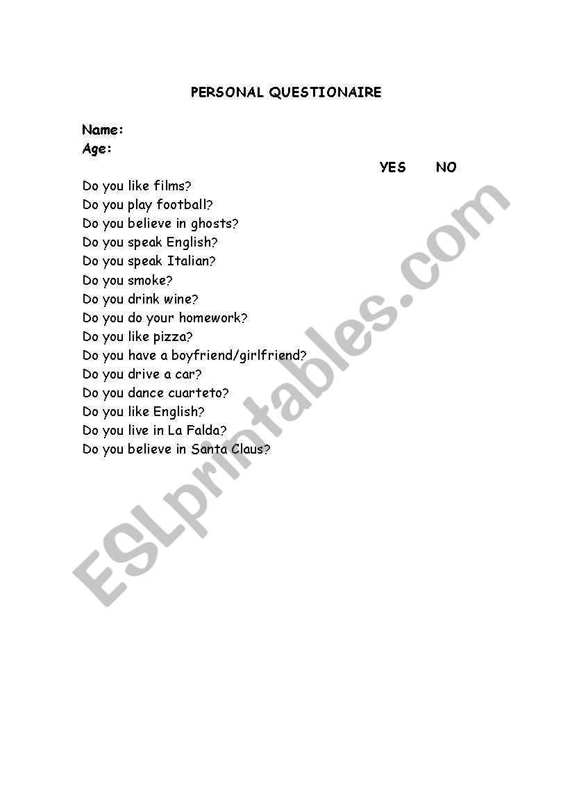 personal questionaire worksheet