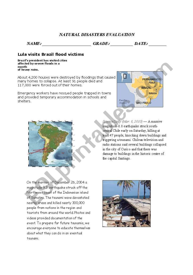 NATURAL DISASTERS worksheet