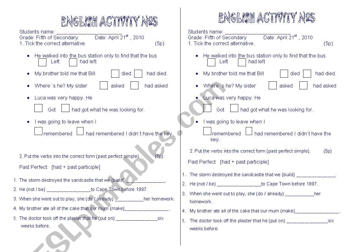 An english Activity worksheet