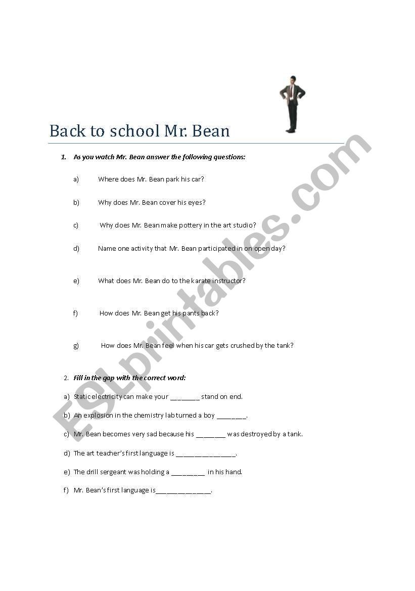 Back to School Mr. Bean worksheet