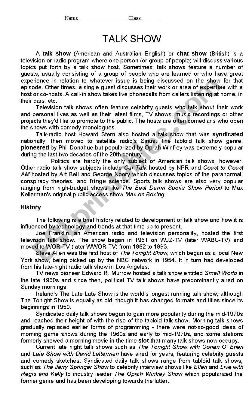 History of Talk Show worksheet