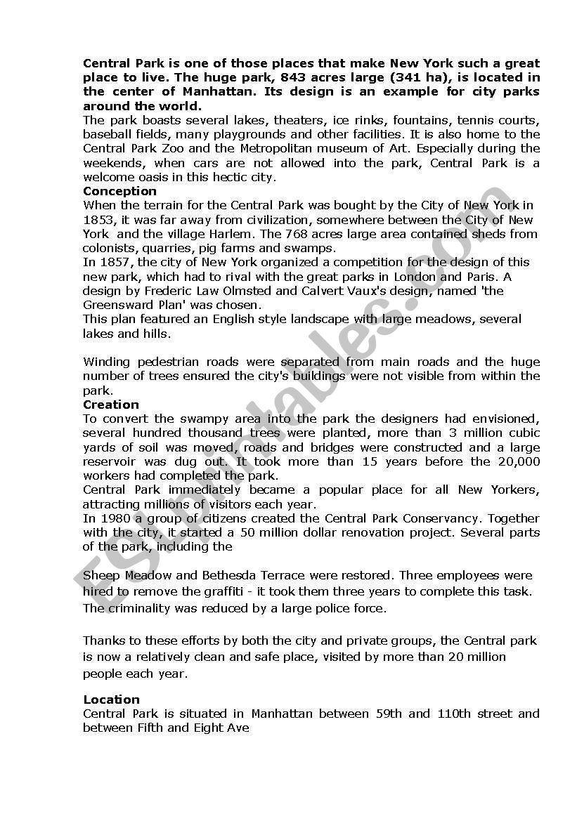 Central Park worksheet
