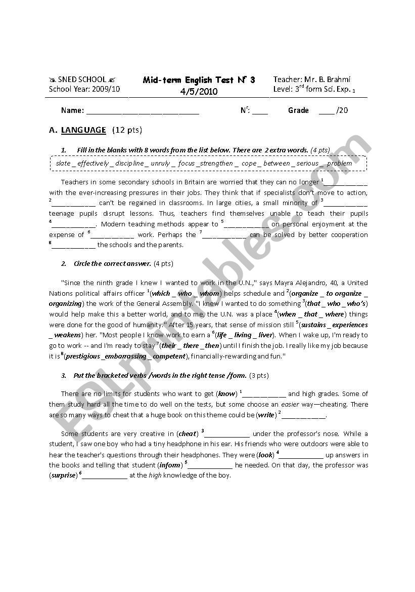 Mid-term Test Nr 3_3rd formers (Sci. Exp. 1)