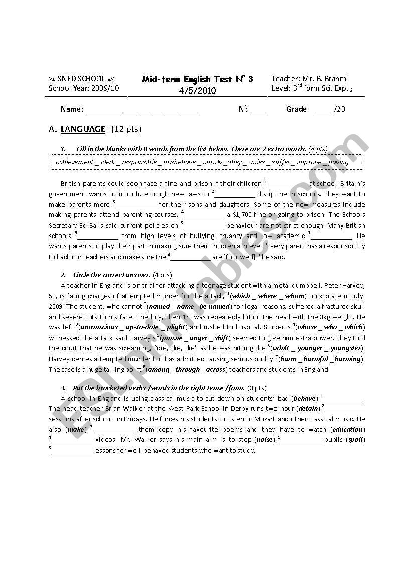 Mid-term Test Nr 3_3rd formers (Sci. Exp. 2)