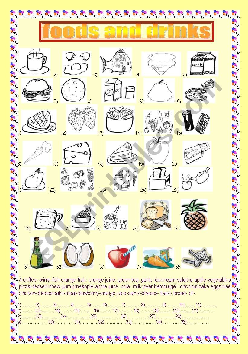 foods and drinks pictionary worksheet