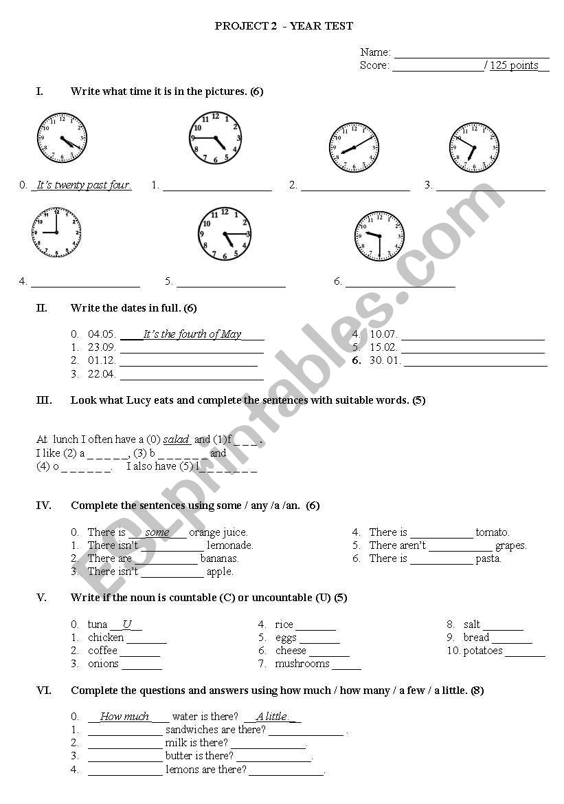 project 2 year test worksheet