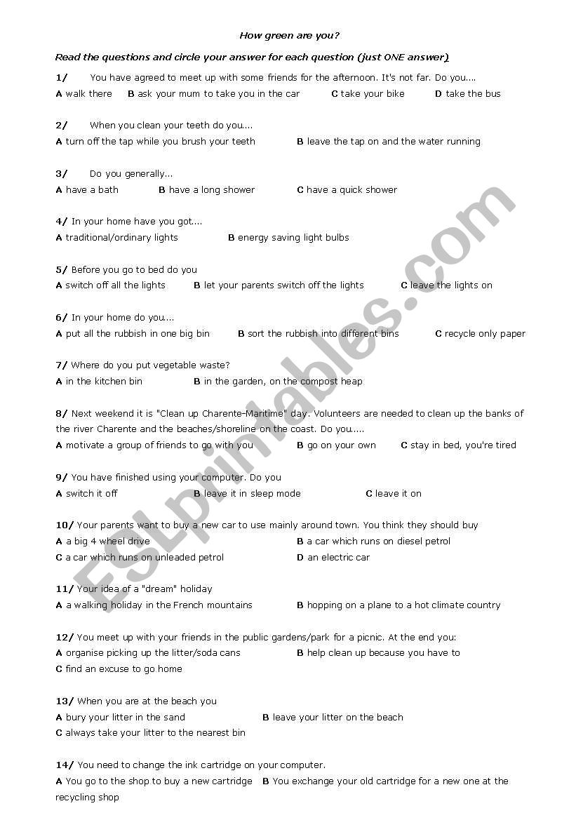 How green are you? worksheet