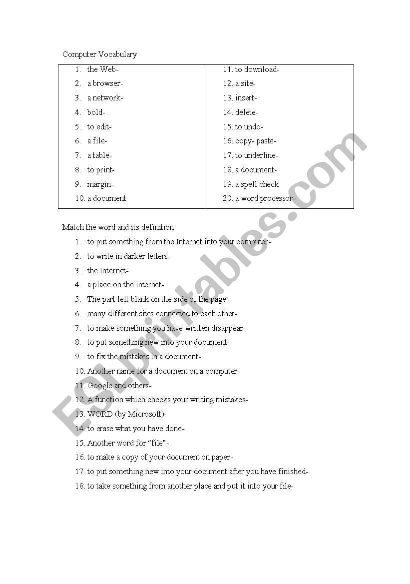 Computer Vocabulary worksheet