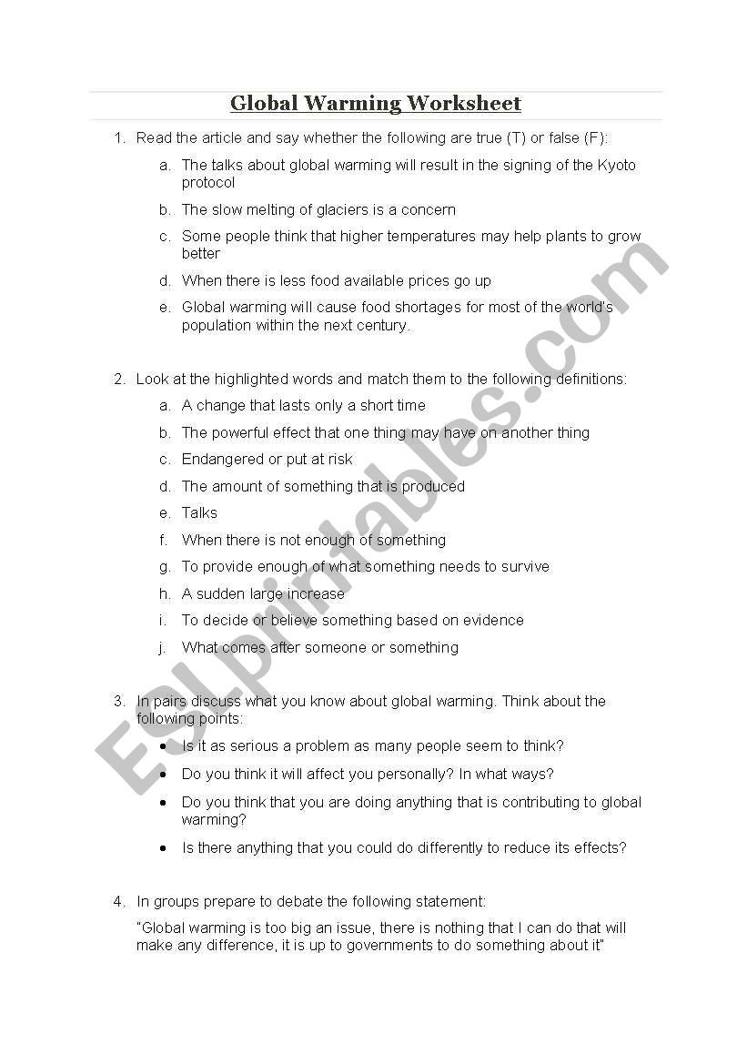 Impacts of Global Warming worksheet and debate