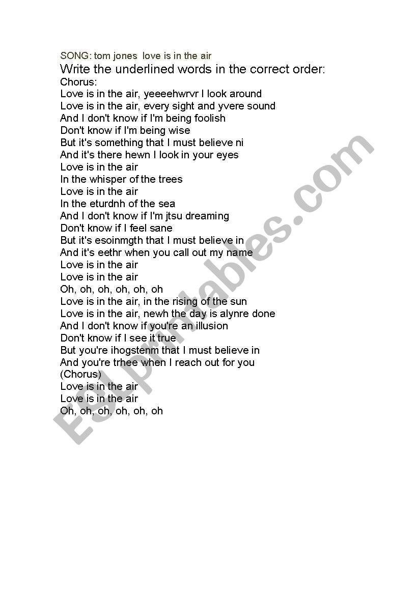 Love is in the air, song worksheet