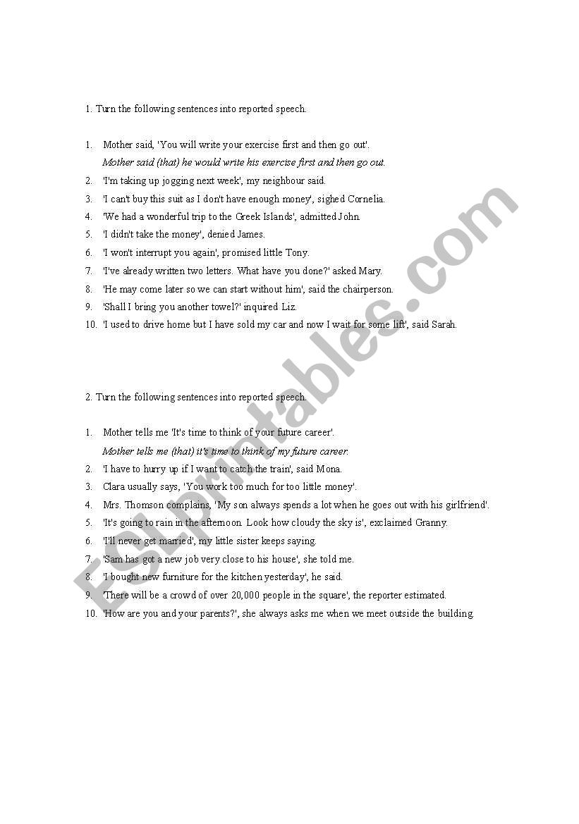 Reported speech worksheet