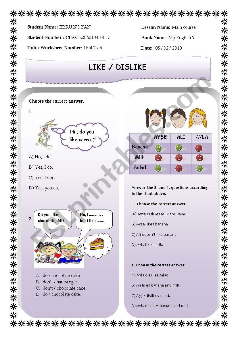 like / dislike worksheet