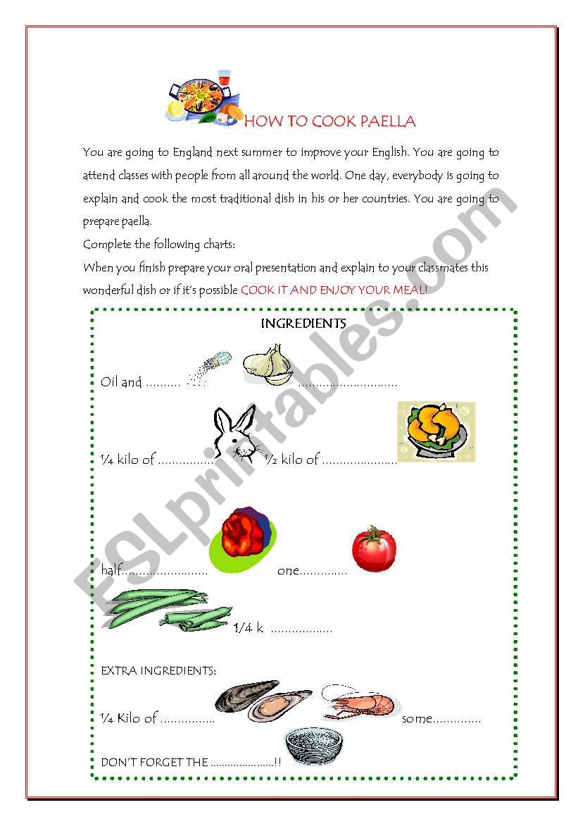 How to cook paella worksheet