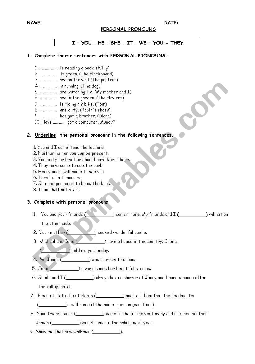 Personal pronouns worksheet