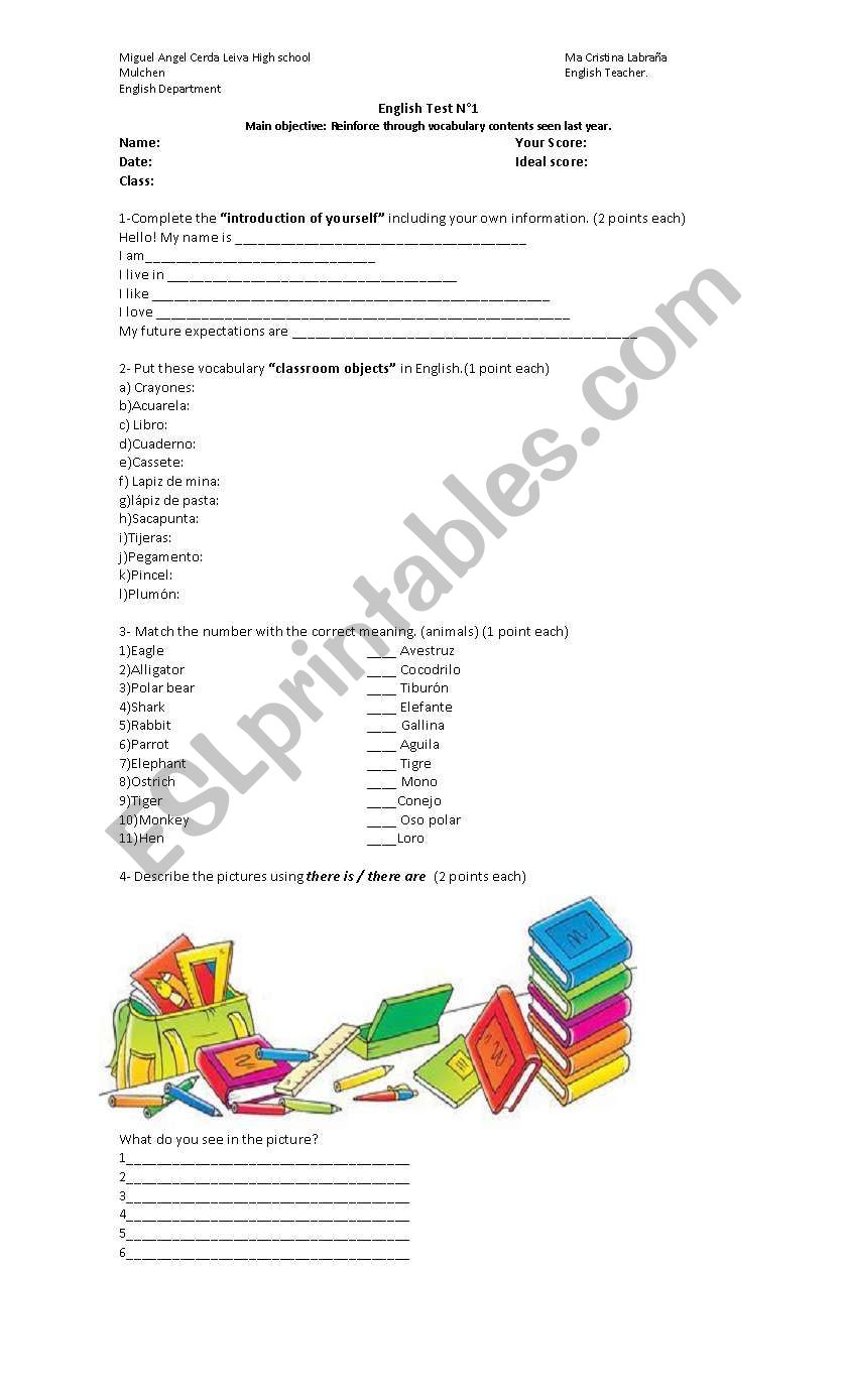 English test! introduction of yourself and vocabulary