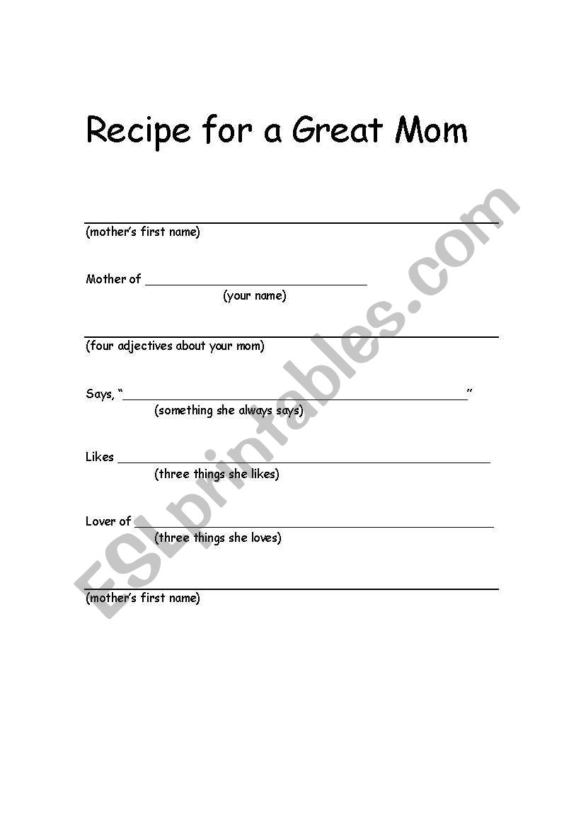 Recipe for a Great Mom - ESL worksheet by erovey