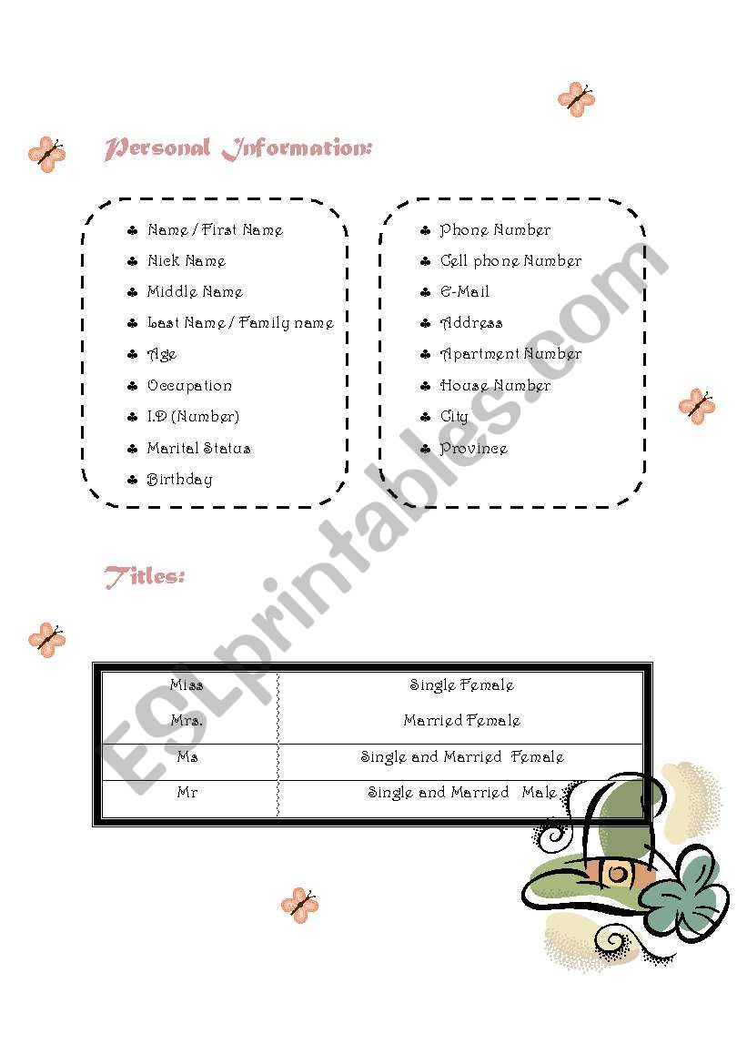 Personal Information worksheet