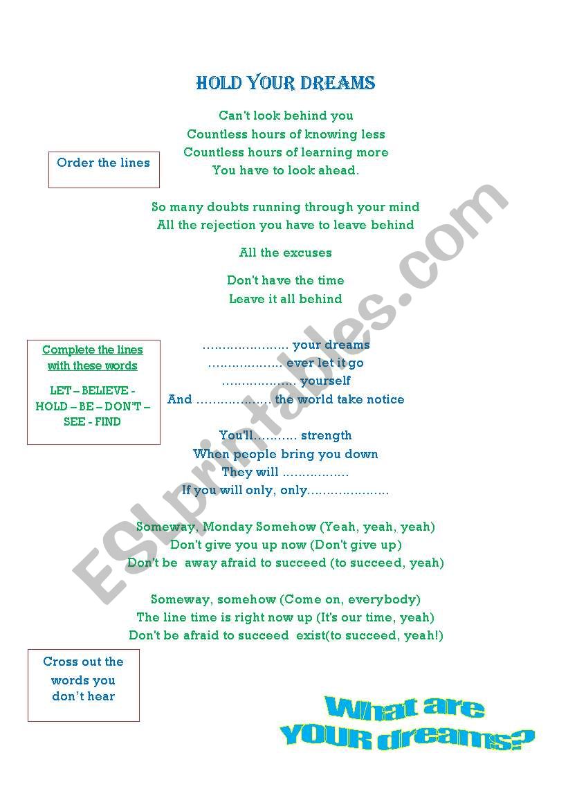 Hold Your Dreams (song) worksheet