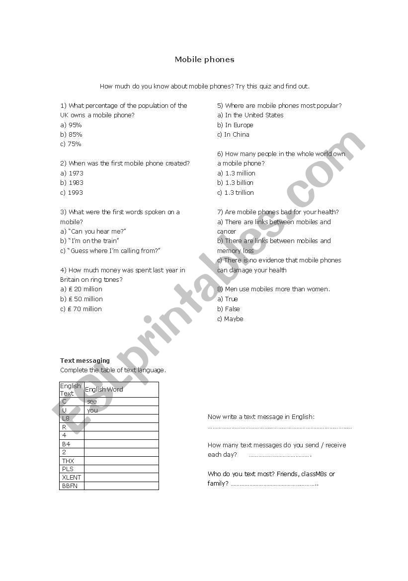 Mobile Phones  worksheet