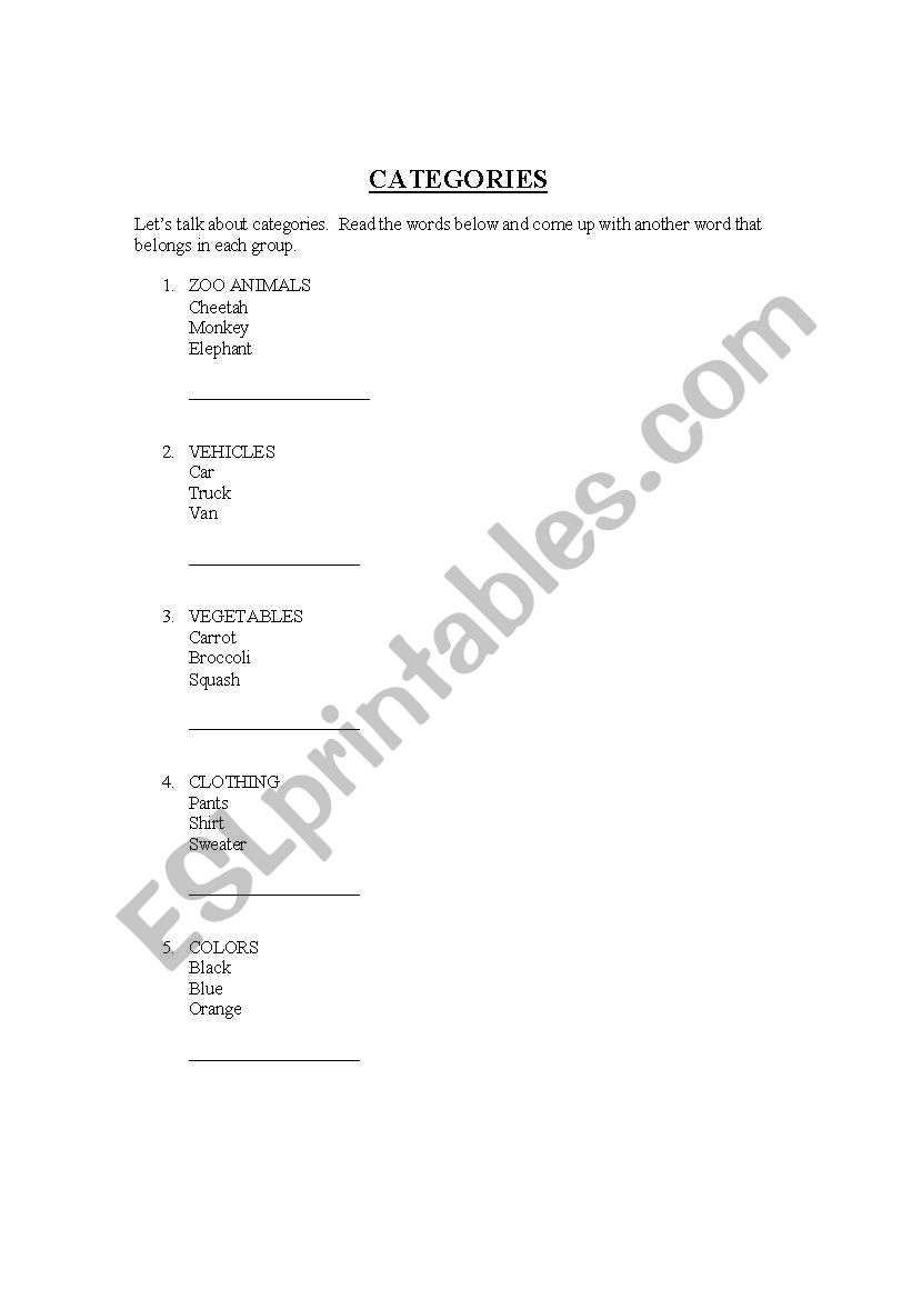 categories worksheet