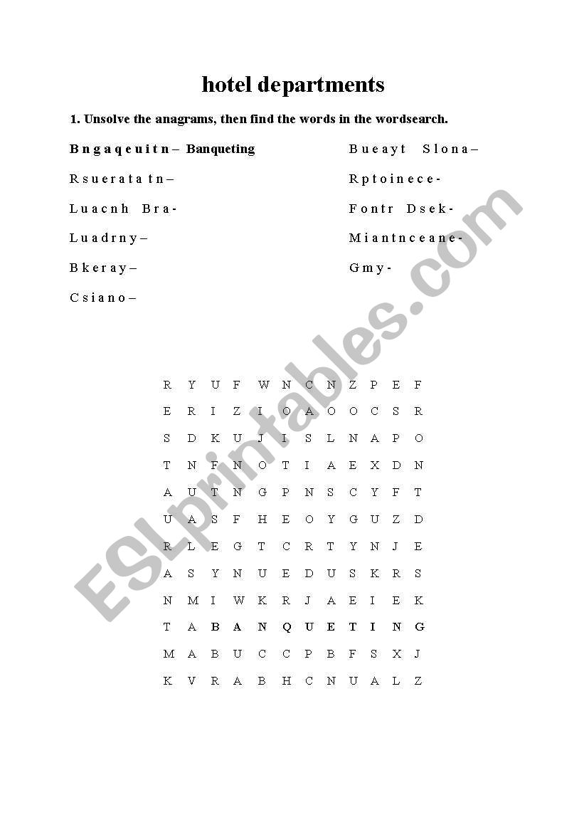 hotel departments worksheet