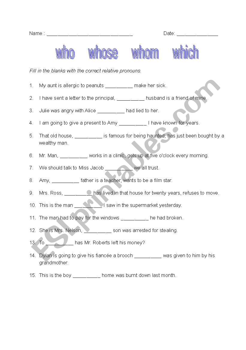 Relative Pronouns Who Whose Whom Which ESL Worksheet By Miss R Chan