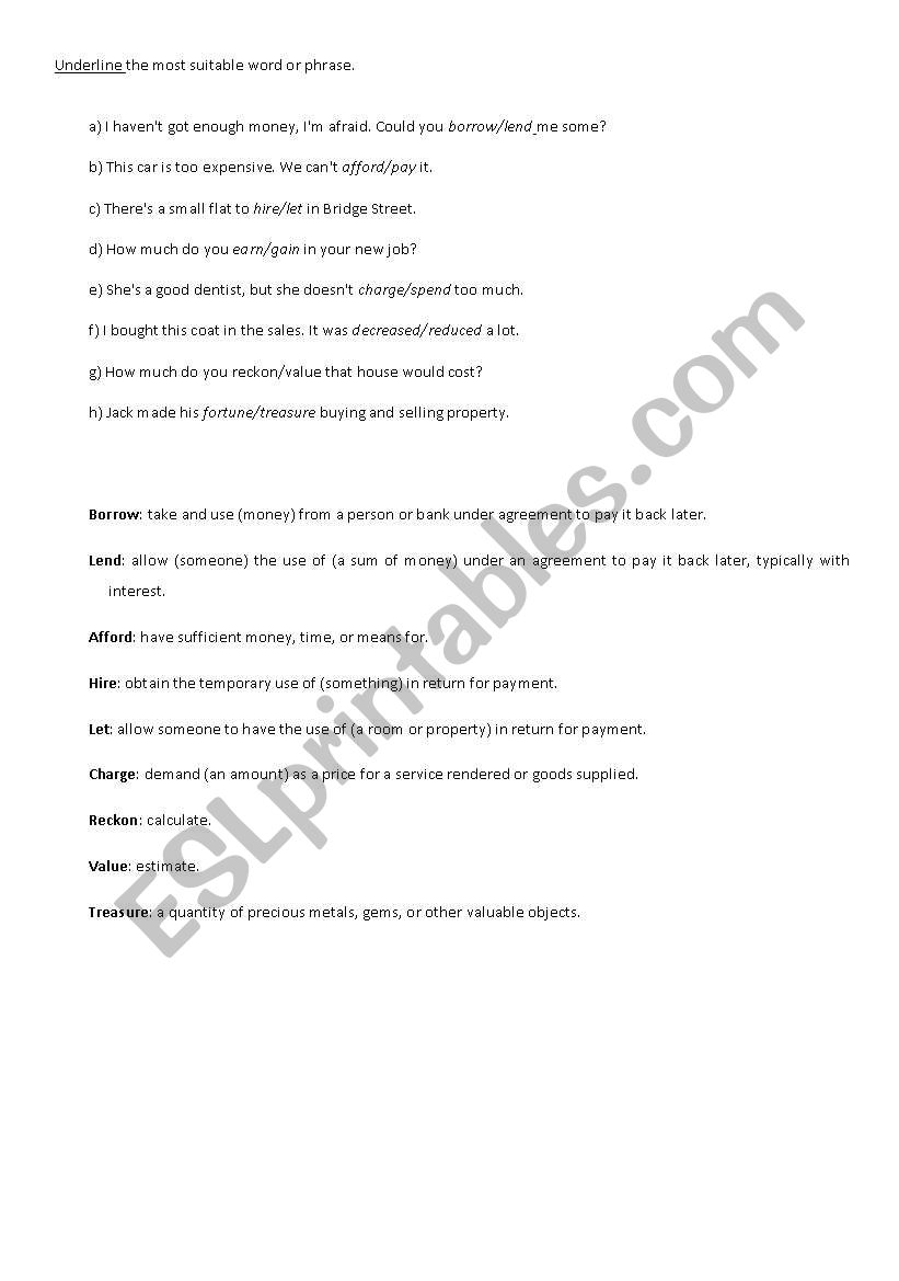 Money worksheet