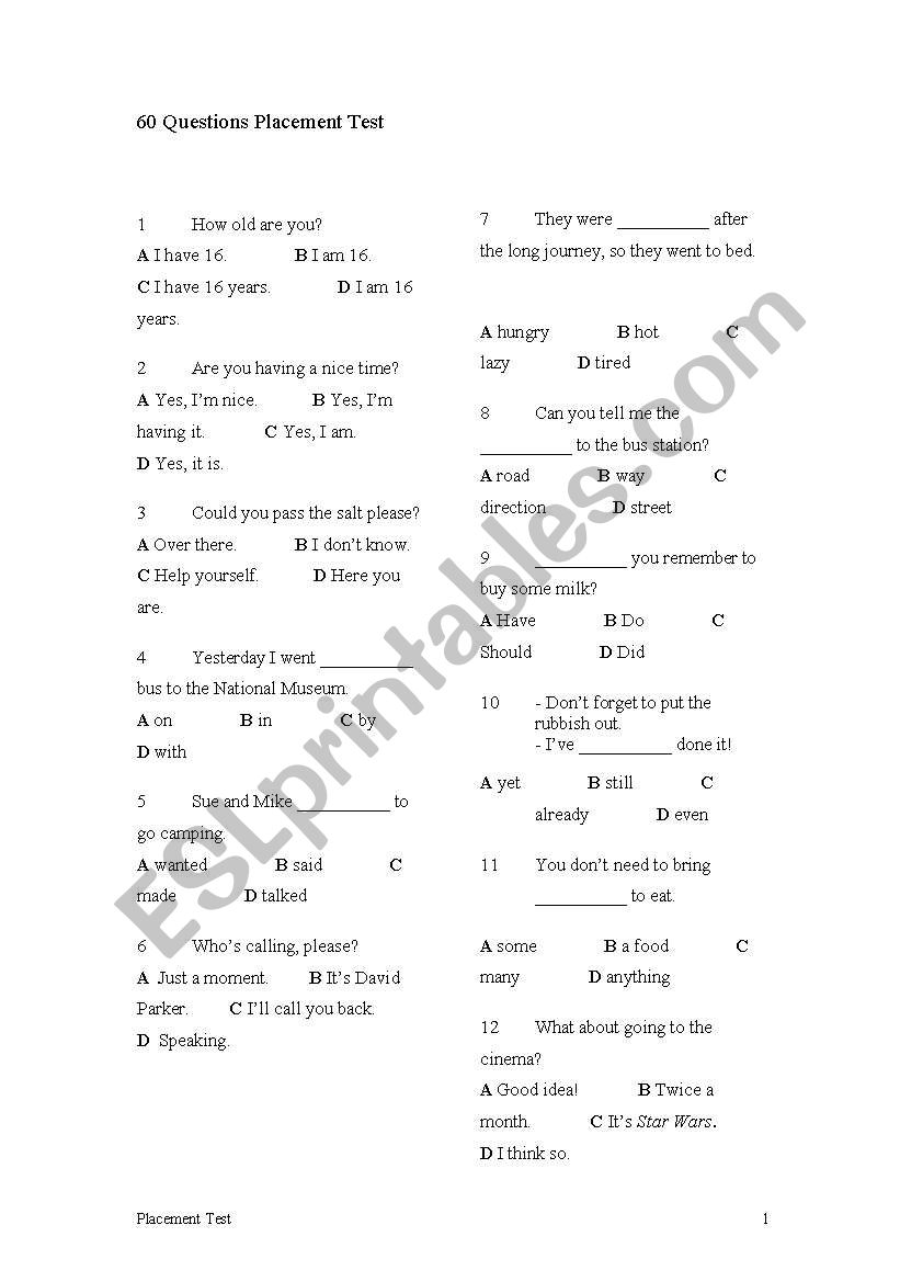 60 Questions Placement TEST for Elementary/Intermediate learners with KEY