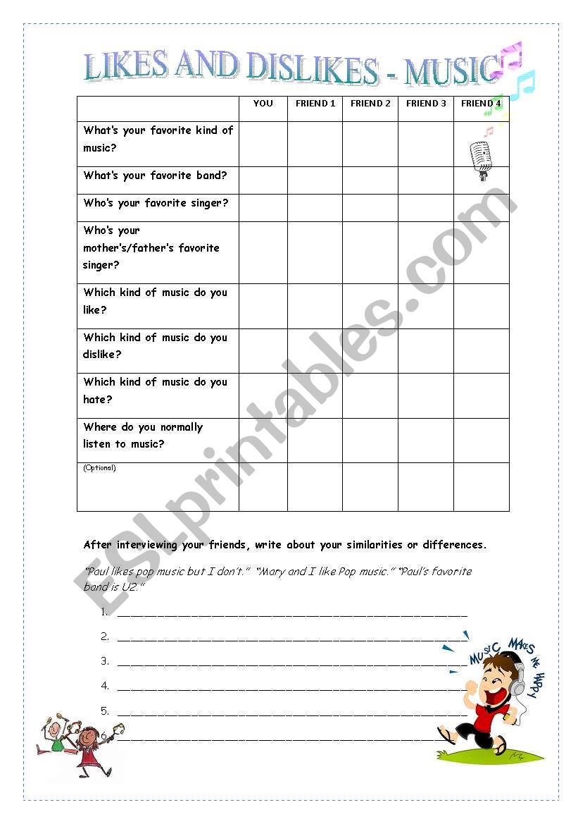 Likes and Dislikes - Music worksheet