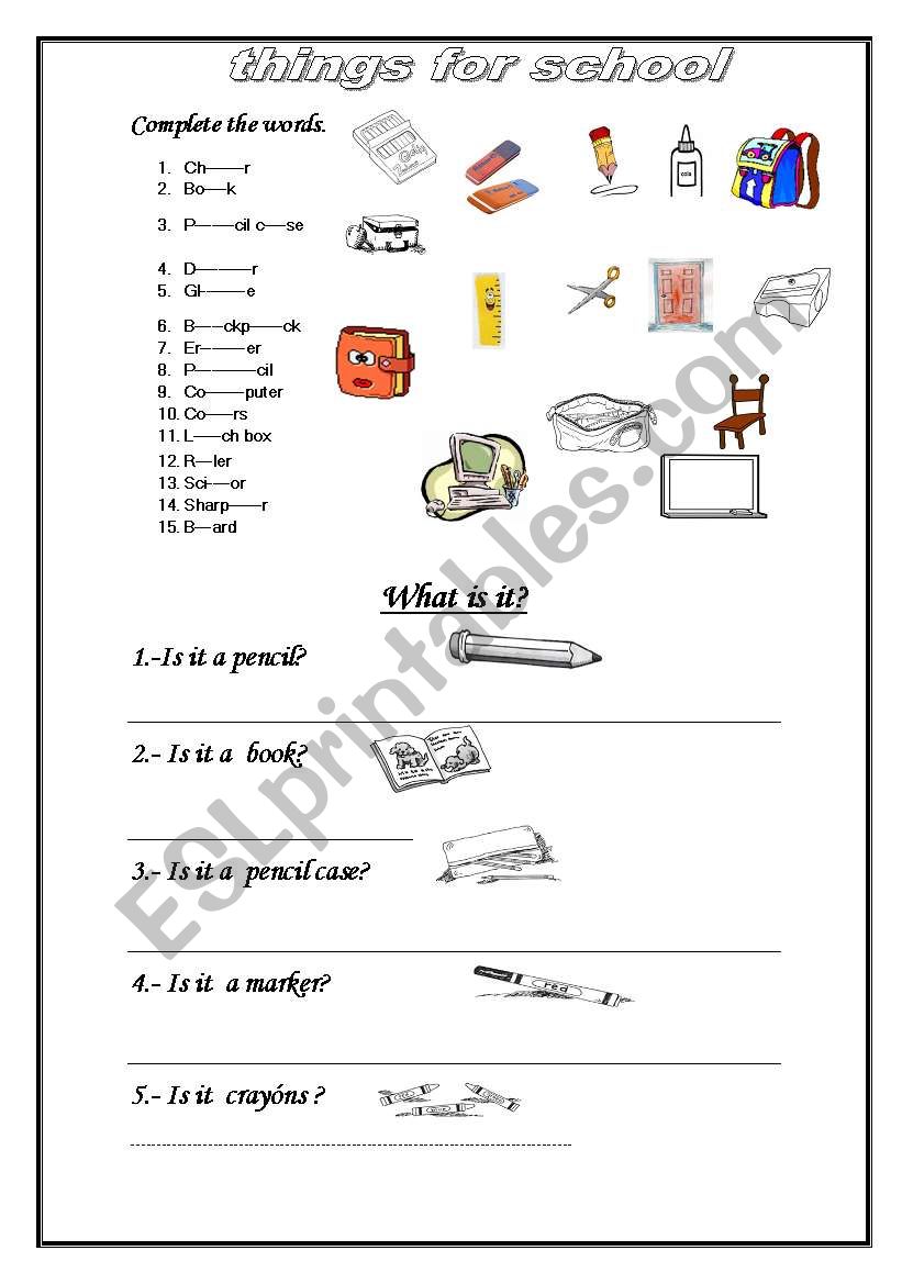 things for school worksheet