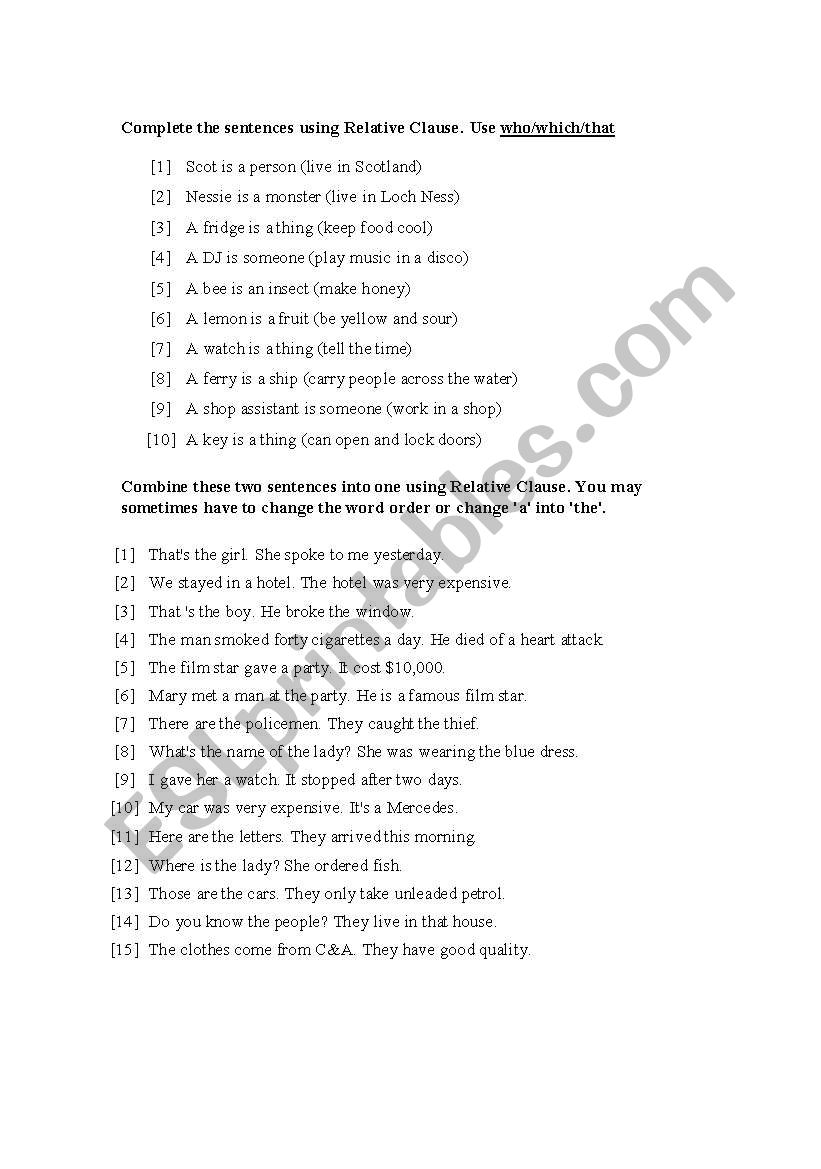 Relative Clauses worksheet