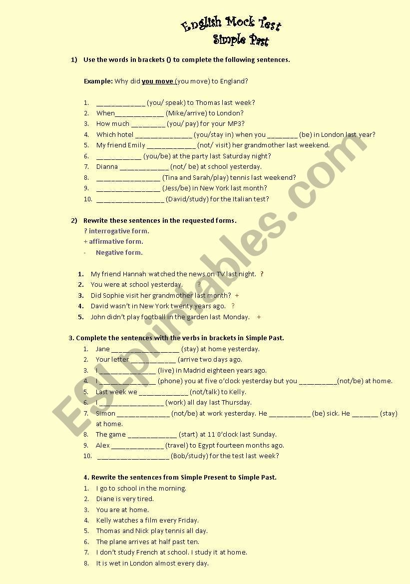 Simple Past Mock Test worksheet